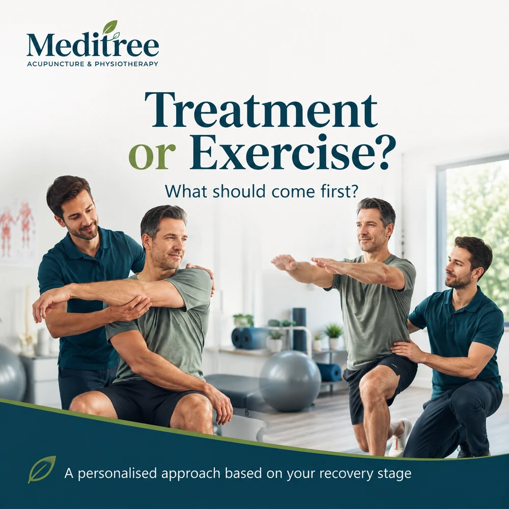 Meditree guide comparing pain management treatment and exercise rehabilitation during recovery